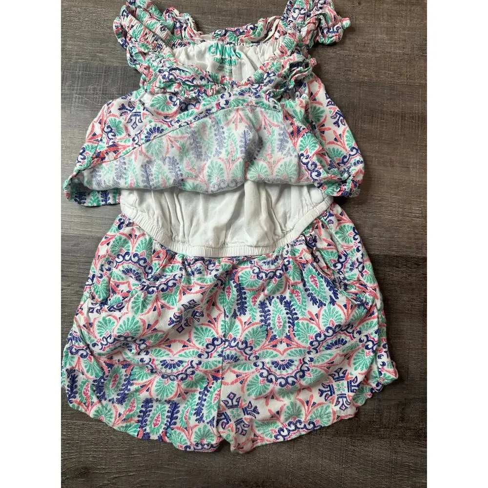 Genuine Kids Romper with Fringe Neckline White Blue, Coral Aqua Design Girls 2T